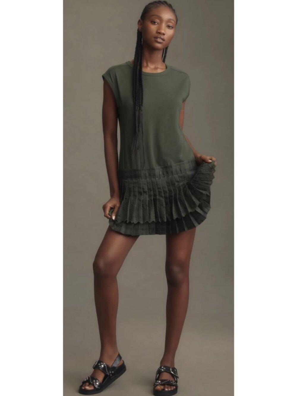 Daily Practice Anthropologie Drop Waist Pleated Satin Lace Dress Olive Green M